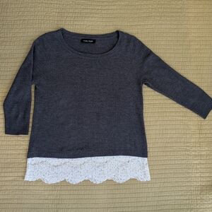 Ivanka Trump Women's Gray Sweater Cream White Lace Hem 3/4 Sleeve Fits Like M